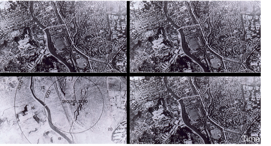 Branches. Frames like sections of two different branches.  Time evolves Up to Down.  At left side, the past state of our own branches.  At right side, the same past time in another branch.  The Reader has to remember that since 1908 Minkowski demonstrated that each one instant of Time corresponds to infinite spaces and not just one.  These aerial reconnassaince shots are then showing that idea of Relativity in the modern framework of Quantum Mechanics.